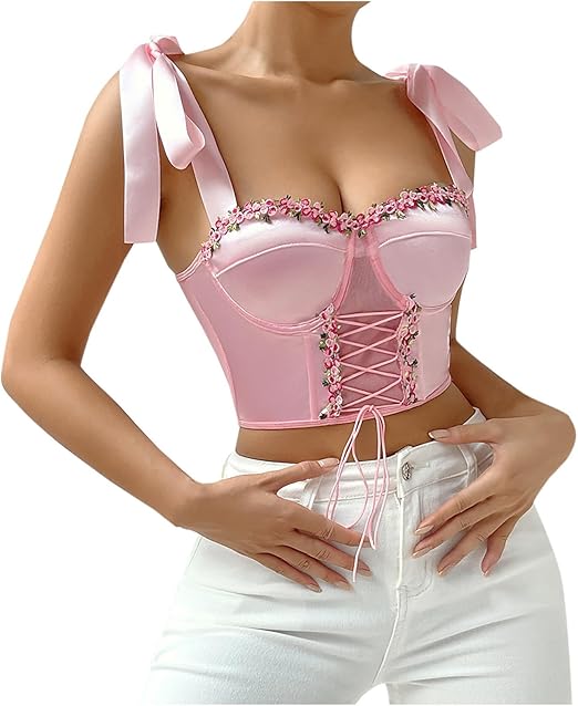 Women Flower Lace Satin Straps Lace-Up Underwire Fishbone Hot Girl  Corset Top